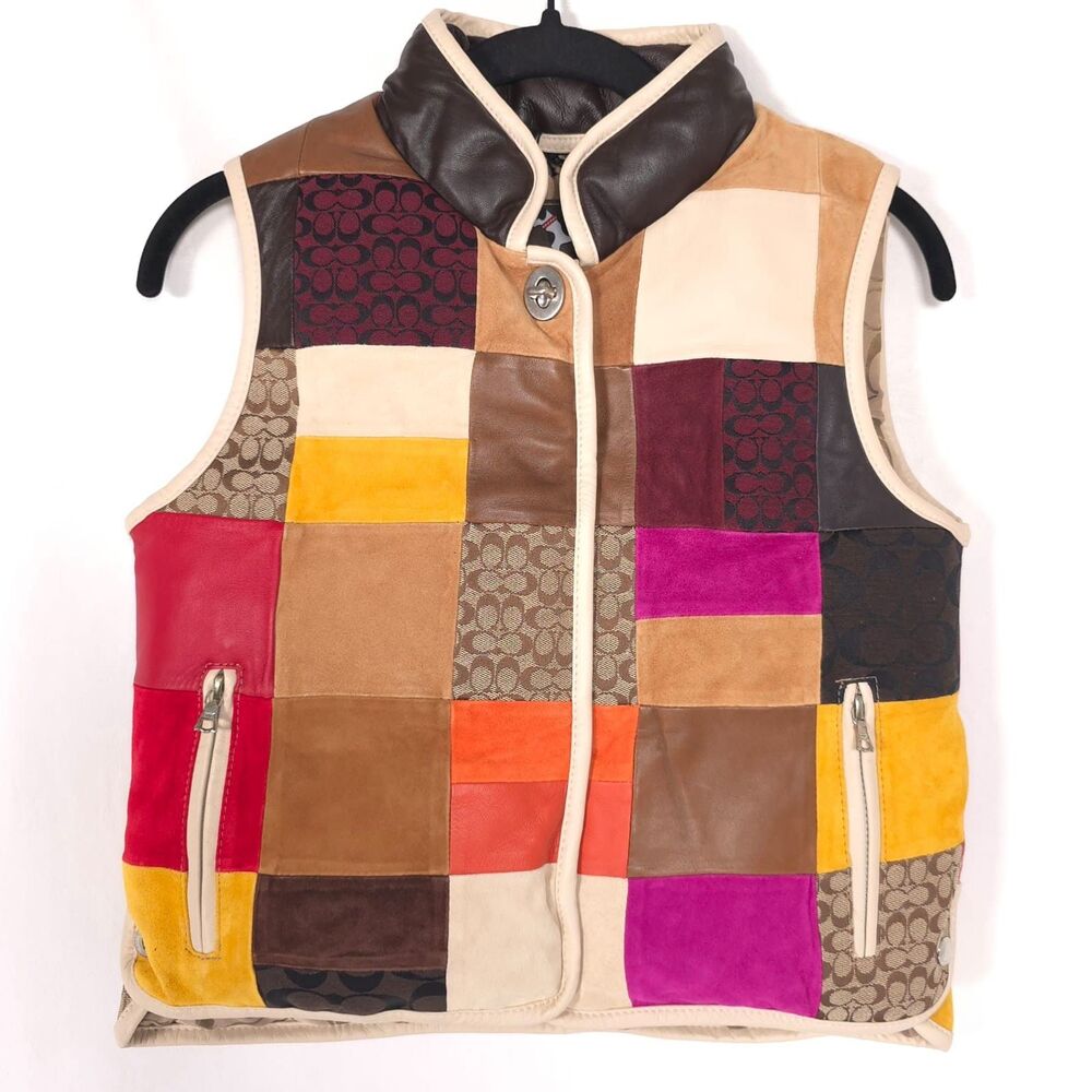 COACH Vintage Kids L Vest 100% LEATHER Patchwork Suede Signature Down Feather